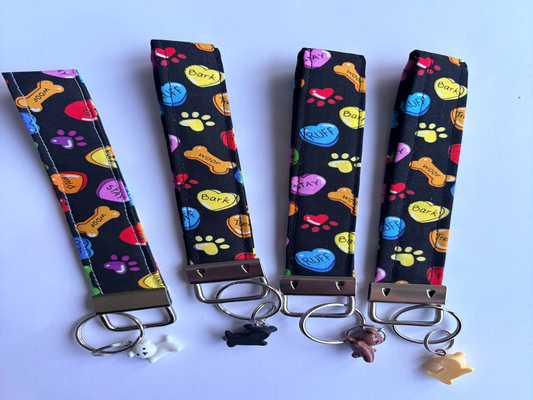 Adult Key Wristlet with Doggy Paws, Hearts, and Bone Print wit Doggy Charm.