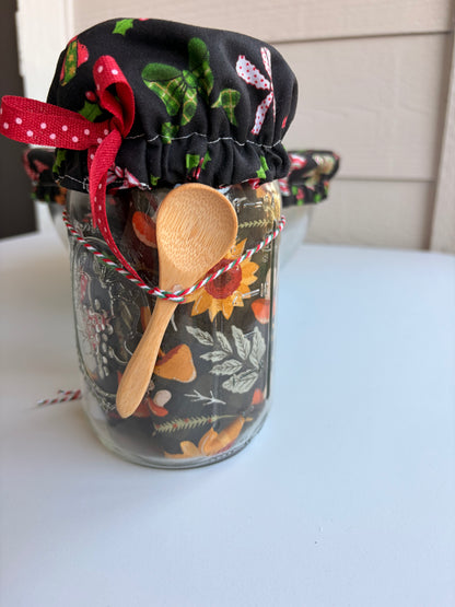 Large Mason Jar filled with Reversible Holiday Print Baking Bowl Covers