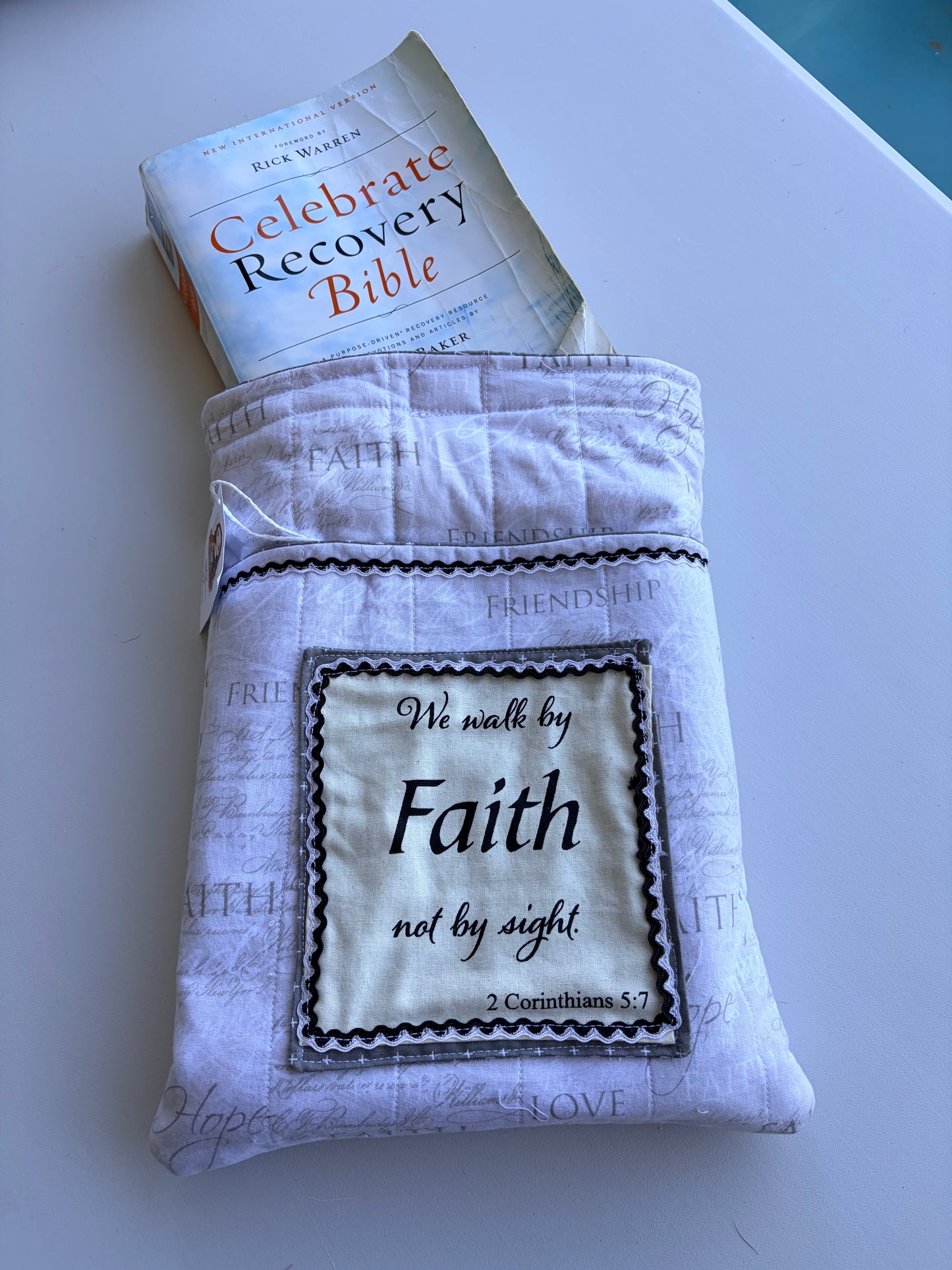 Large Bible Sleeve with Front Verse, "We Walk by Faith Not by Sight". 2 Corinthians 5:7