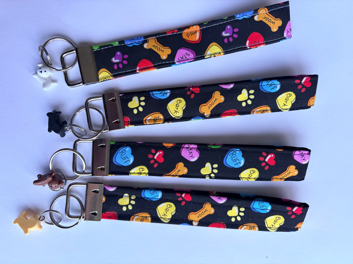 Adult Key Wristlet with Doggy Paws, Hearts, and Bone Print wit Doggy Charm.