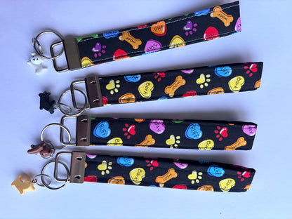 Adult Key Wristlet with Doggy Paws, Hearts, and Bone Print wit Doggy Charm.
