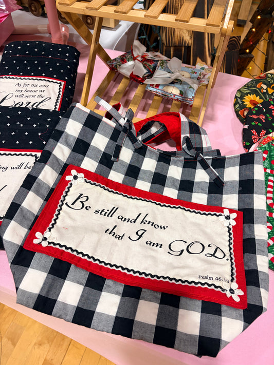 Bible Study Totes Black and White Check with Red Accents, Verse. Matthew: 6:33