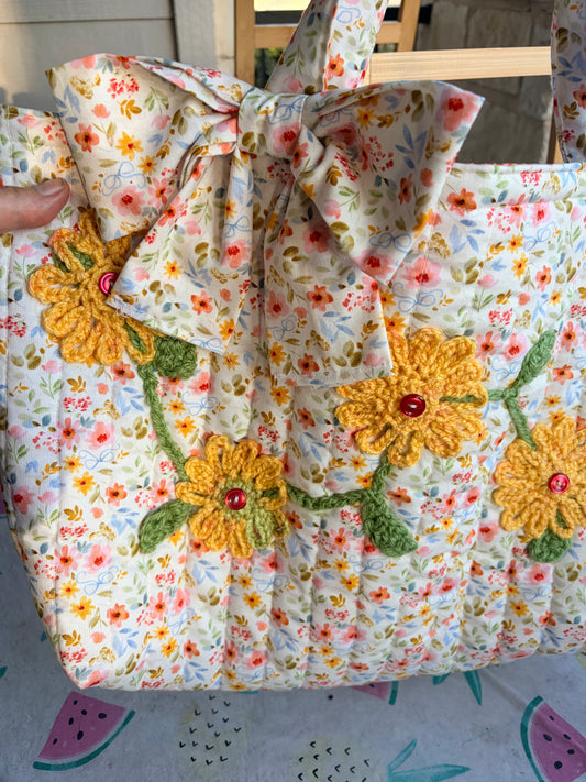Yellow and Orange Tote with Bow and Crochet Flower Applique