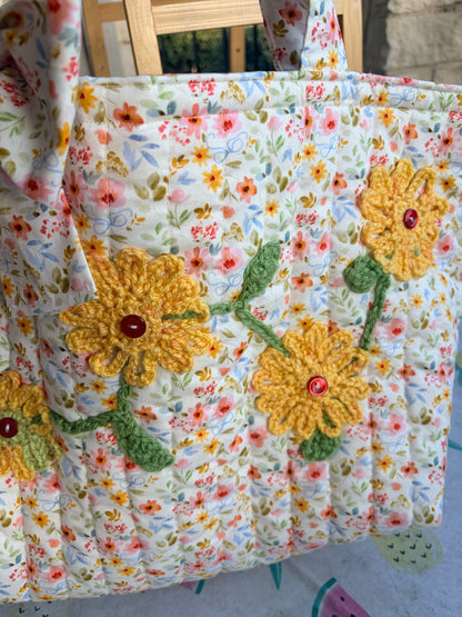 Yellow and Orange Tote with Bow and Crochet Flower Applique