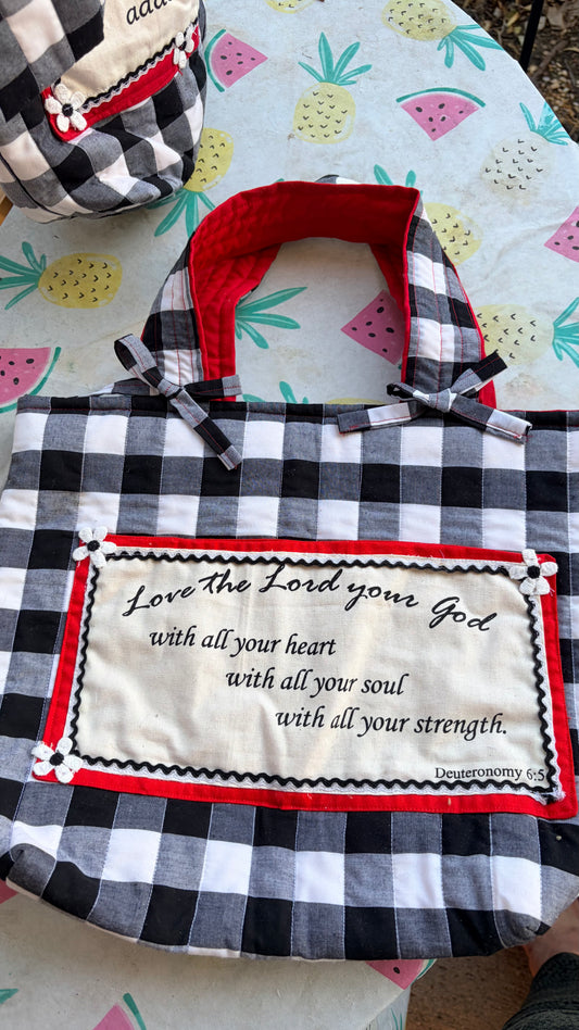 Bible Study Tote: Deuteronomy 6.5 black and white check and red accents