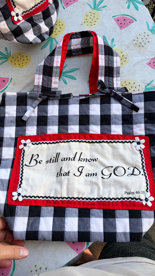 Bible Study Tote: Black and White checks with red accents. Psalm 46:10