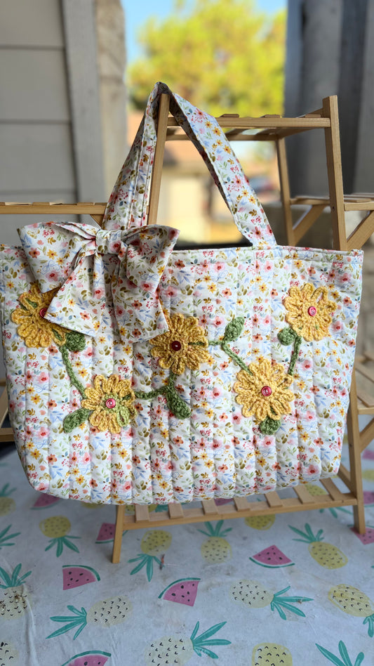 Yellow and Orange Tote with Bow and Crochet Flower Applique
