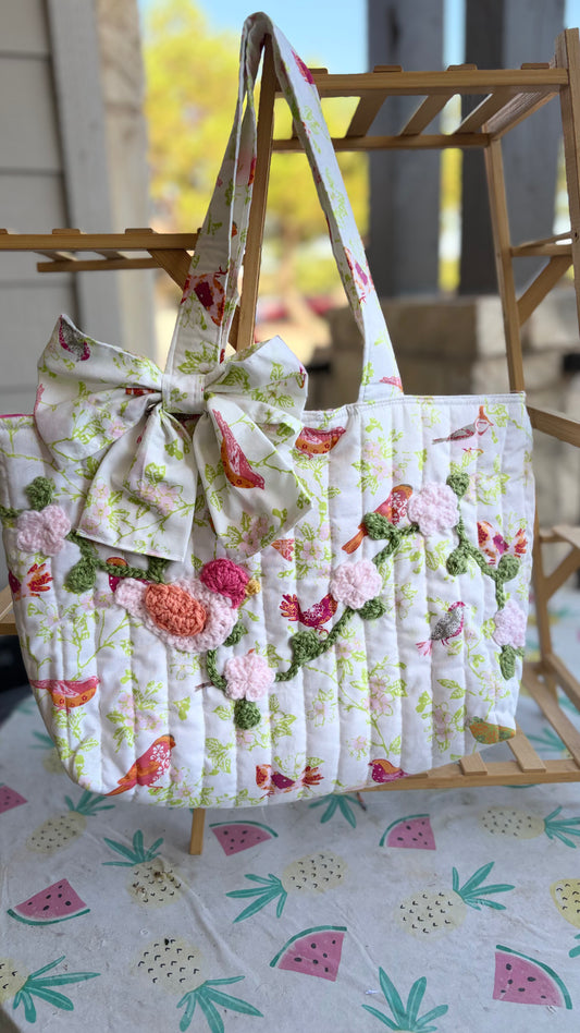 Floral and Bird Handmade and Crocheted Tote Bag.