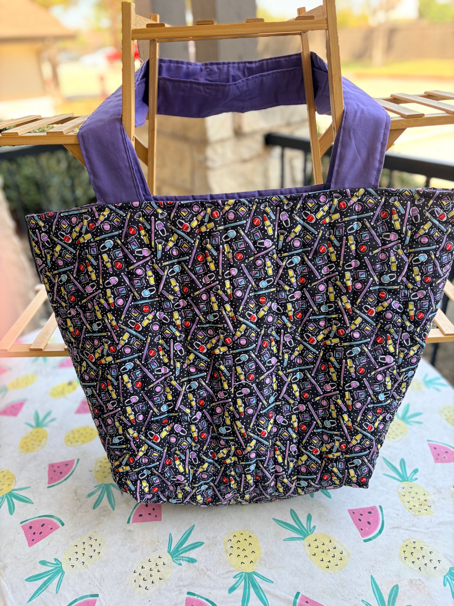 Lavender make-up print extra large handmade tote Bag.